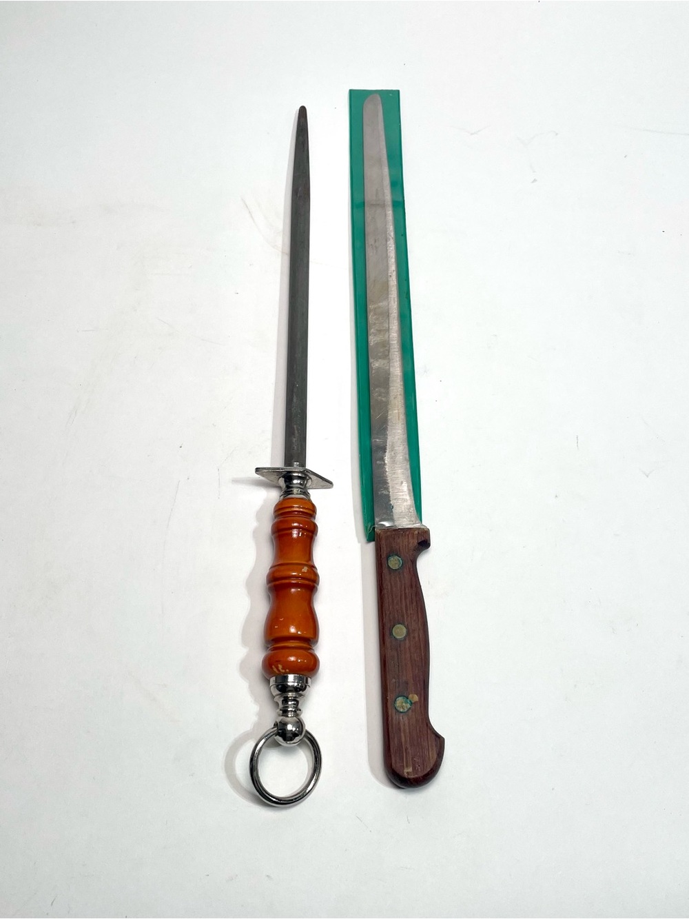 Vtg F Dick Knife Sharpening Steel Wood Handle Germany & Tru-Edge Slicing Knife